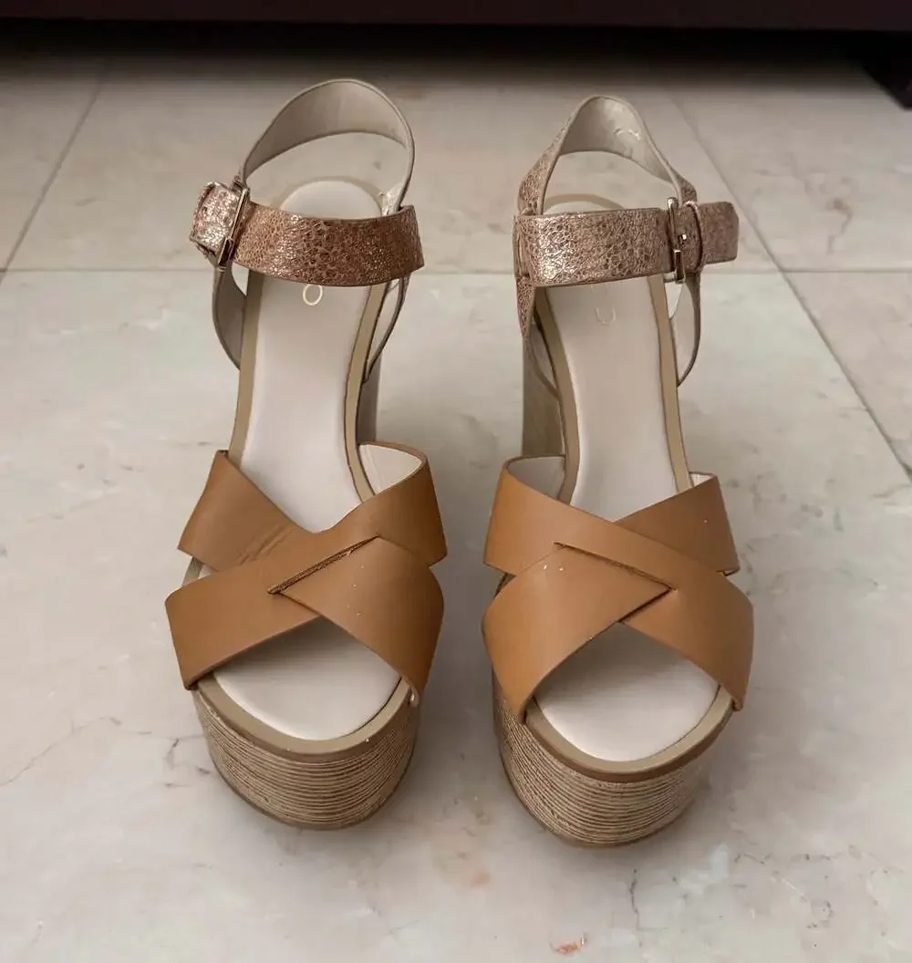 Aldo Regnano Tan and Metallic Cross-Strap Platform Wedge Sandals